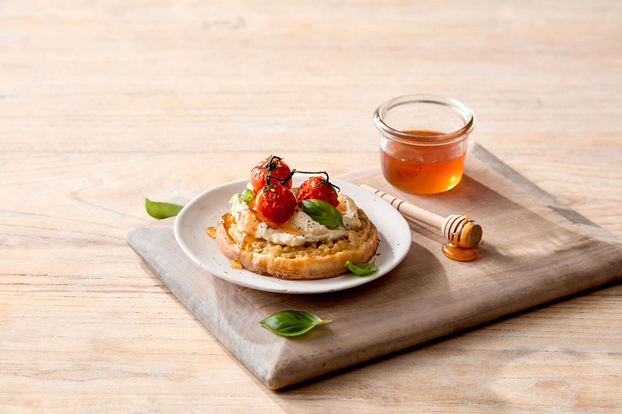 golden-bakery-crumpet-whipped-feta-cherry-tomatoes Golden Crumpet with Whipped Feta, Roasted Cherry Tomatoes & Hot Honey Drizzle