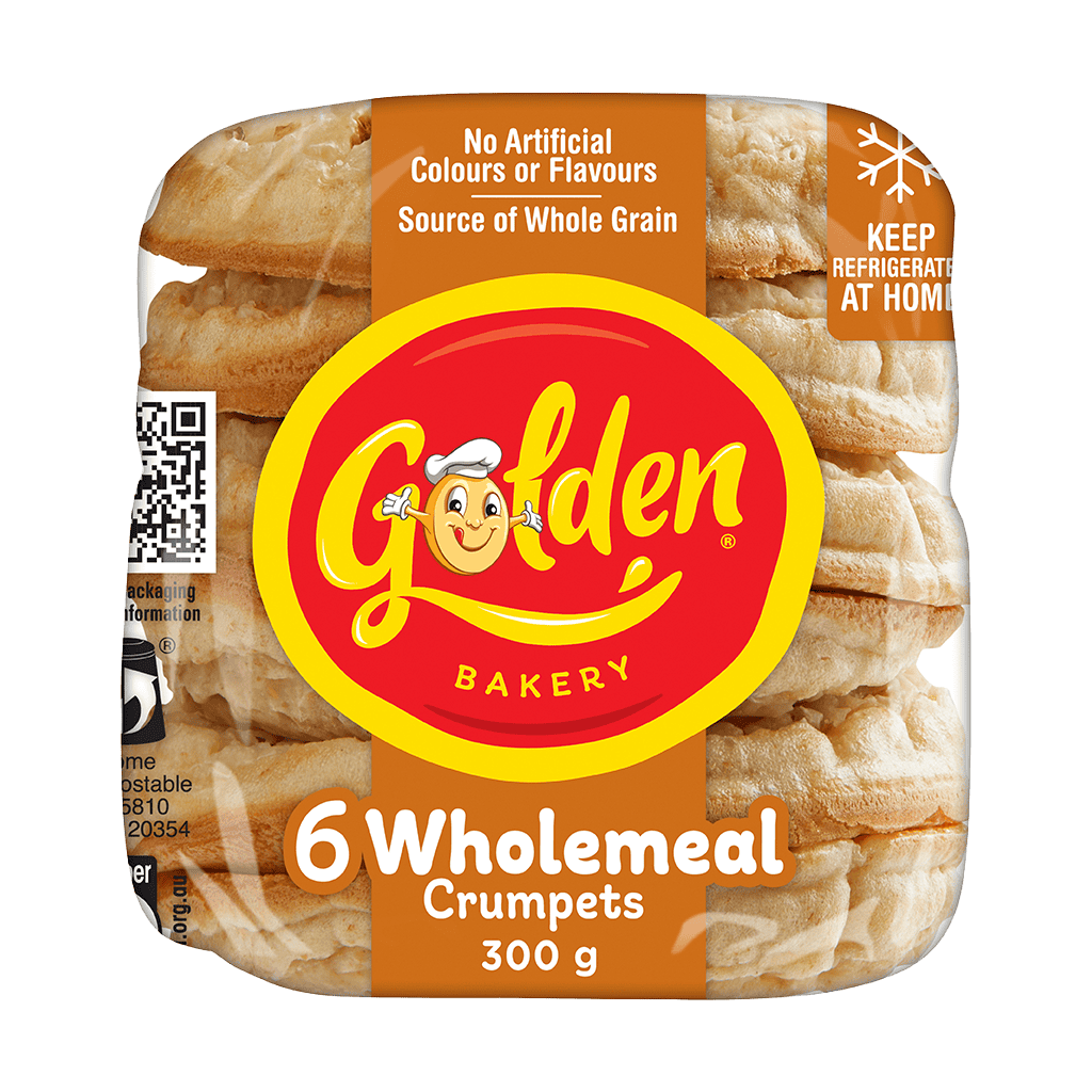 golden-bakery-golden-crumpets-rounds-wholemeal-rear-pack Golden Bakery Wholemeal Crumpet Rounds. All the golden, toasty goodness you love, now with a wholemeal twist and a 3.5 Health Star Rating. Try a smarter breakfast today!
