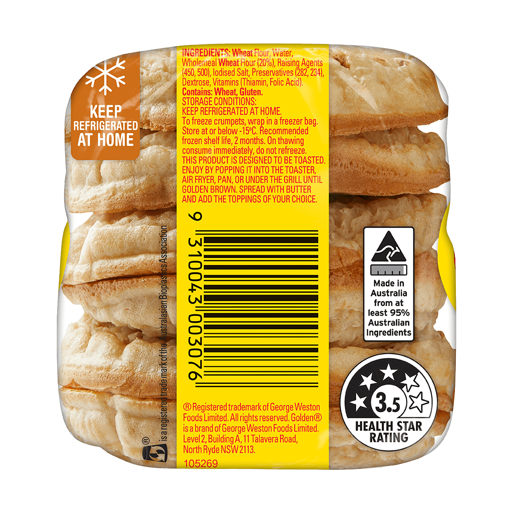 golden-bakery-golden-crumpets-rounds-wholemeal-side-1-pack Golden Bakery Wholemeal Crumpet Rounds. All the golden, toasty goodness you love, now with a wholemeal twist and a 3.5 Health Star Rating. Try a smarter breakfast today!