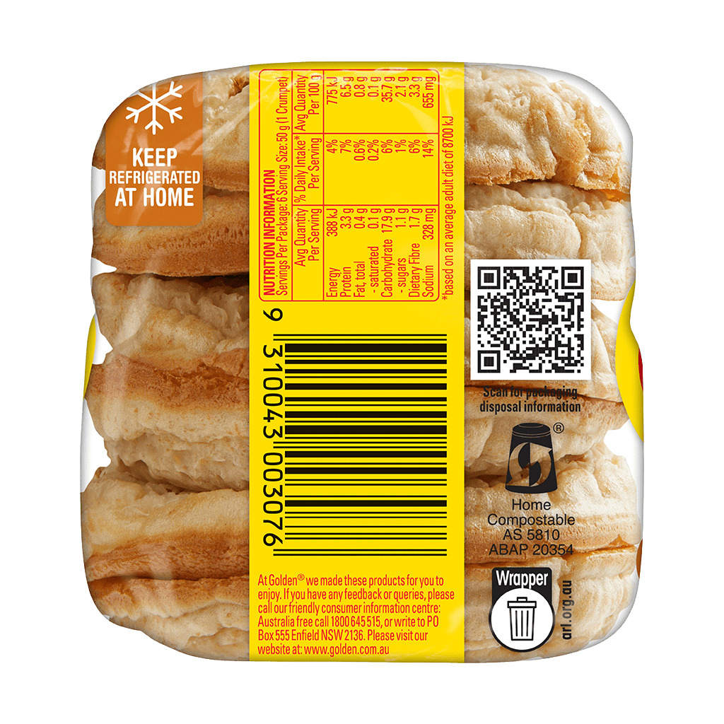 golden-bakery-golden-crumpets-rounds-wholemeal-side-2-pack Golden Bakery Wholemeal Crumpet Rounds. All the golden, toasty goodness you love, now with a wholemeal twist and a 3.5 Health Star Rating. Try a smarter breakfast today!