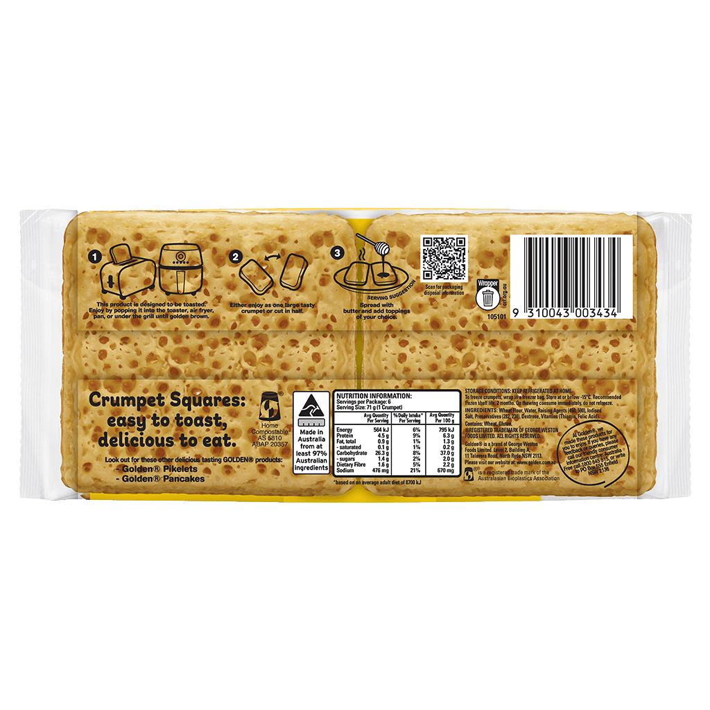 golden-bakery-golden-crumpets-squares-rear-pack Love crumpets? Golden Crumpet Squares are a fun, toastable twist perfect for any topping. Discover your new favourite snack today!